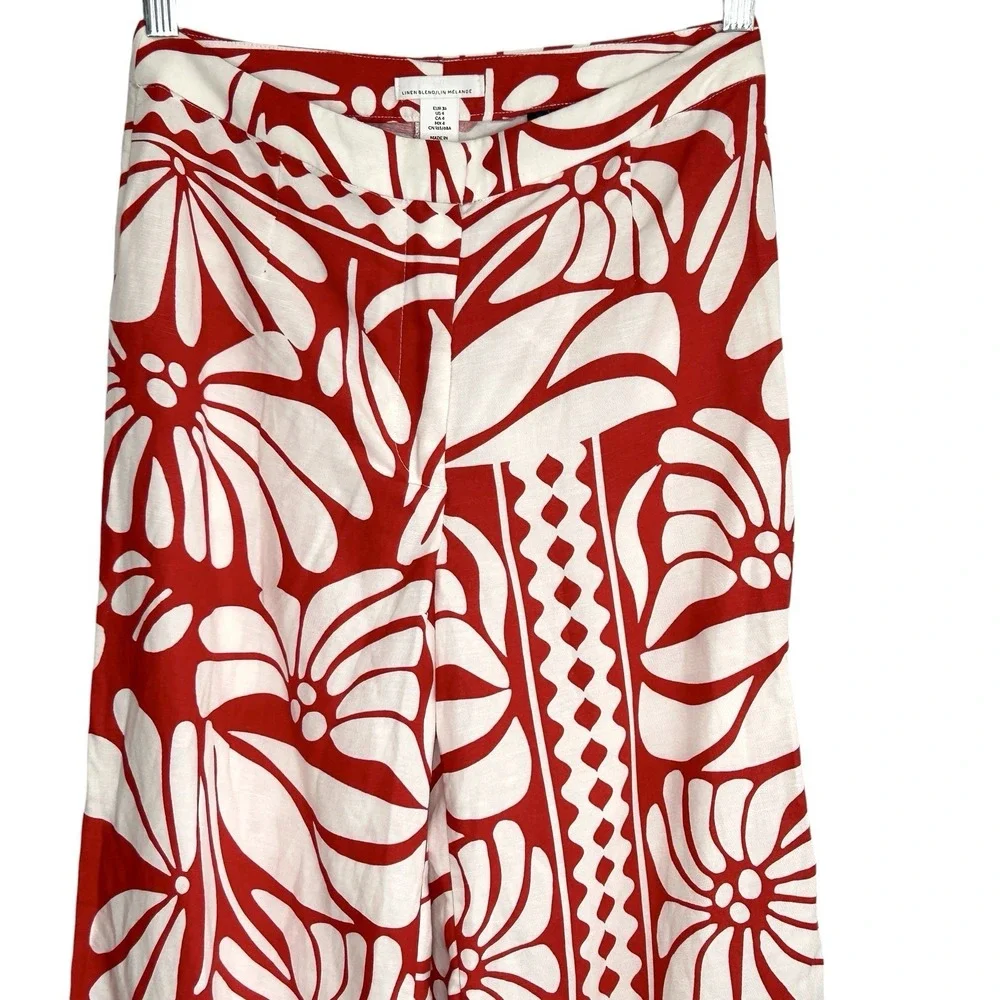 H&M Tropical Wide Leg Pants Sz 4 Boho Retro Floral Linen Blend Resort Vacation